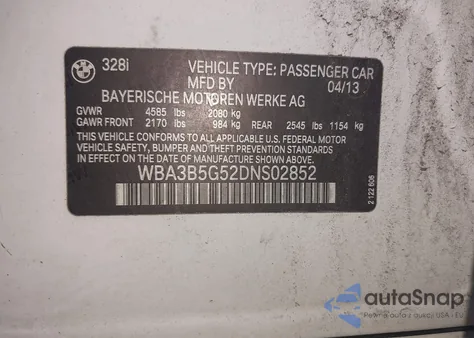 2013 BMW 328I xDrive z USA, uszkodzony, nr VIN WBA3B5G52DNS02852